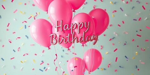 Pink balloons, confetti, colorful background, happy birthday celebration, fun, event