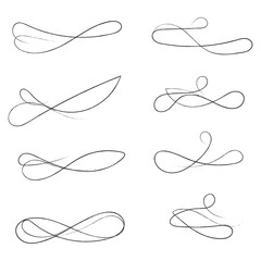 Hand drawn of curly swishes Set, swashes and swoops. Vector thin underline text tails. Hand drawn calligraphy pen curved lines and curls. Calligraphy swirl. Underline typography tail shapes