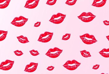 Seamless pattern of red lipstick kisses on a pink background,  graphic,  abstract