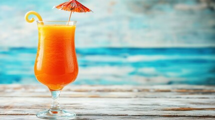 Obraz premium Orange Tropical Drink in tall glass, beachy backdrop