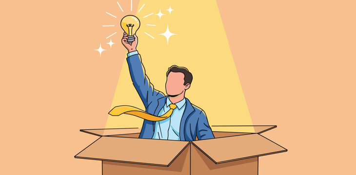 Think outside the box, creativity to create different business idea or motivation and innovation concept, smart businessman get out of paper box with new illumination lightbulb idea. 