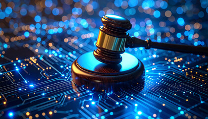 Digital Justice: A gavel poised over a glowing circuit board, representing the convergence of law and technology, symbolizing the digital age of justice and legal systems.