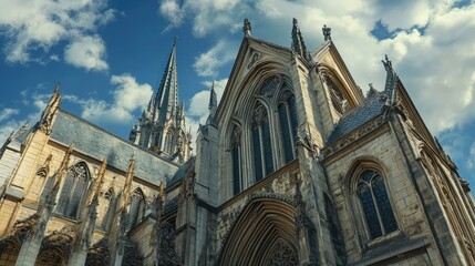 Obraz premium Majestic Gothic Architecture: A Low-Angle View of a Cathedral under a Blue Sky