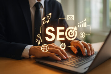 Businessman Working on Laptop with Glowing SEO Concept Icons, Illustrating Search Engine Optimization Strategy for Business Growth and Online Success
