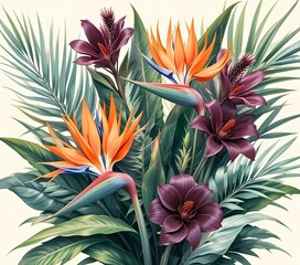Tropical Flowers Bird of Paradise Illustration , Tropical Flowers Hibiscus Palm Leaves Art , Tropical Flowers Exotic Botanical Design Vector Background