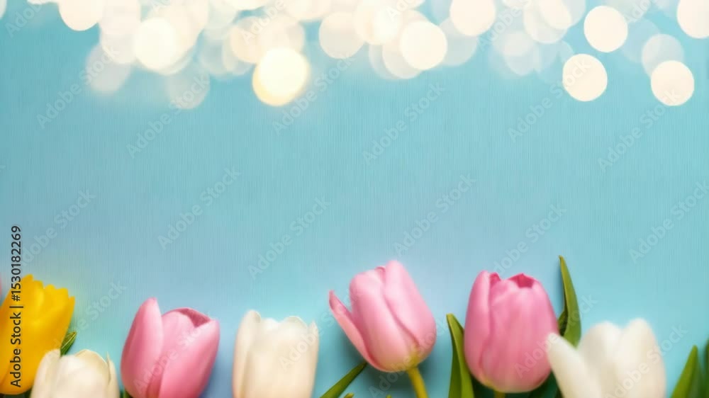 Aufkleber pastel tulips arranged in a row on soft blue surface, sparkling bokeh lights above provide a gentle 