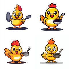 Fototapeta premium Adorable Cartoon Chicken Chefs Preparing Meals with Kitchen Utensils Vector Art