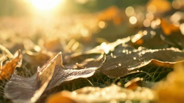 Close-up on a fallen oak leaf in autumn sunlight showing veins, shape, and texture, creating bokeh and an abstract, natural pattern with frost on ground.