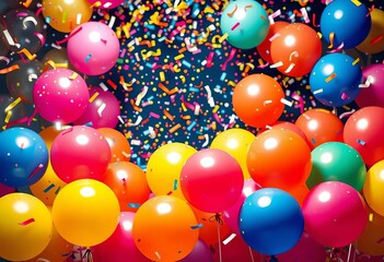 Vibrant balloons & confetti burst, celebratory birthday scene, shower, anniversary