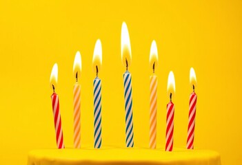 Vibrant birthday candle flames on yellow backdrop,  party,  texture