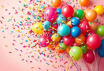 Vibrant confetti explosion with colorful balloons and streamers on pastel background,  pastel,  greeting