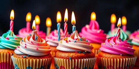 Vibrant cupcakes with lit candles, colorful frosting swirls, festive sprinkles,  deliciousness,  pastry