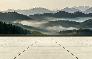 The brick-paved square platform is set against the backdrop of layers upon layers of mountains