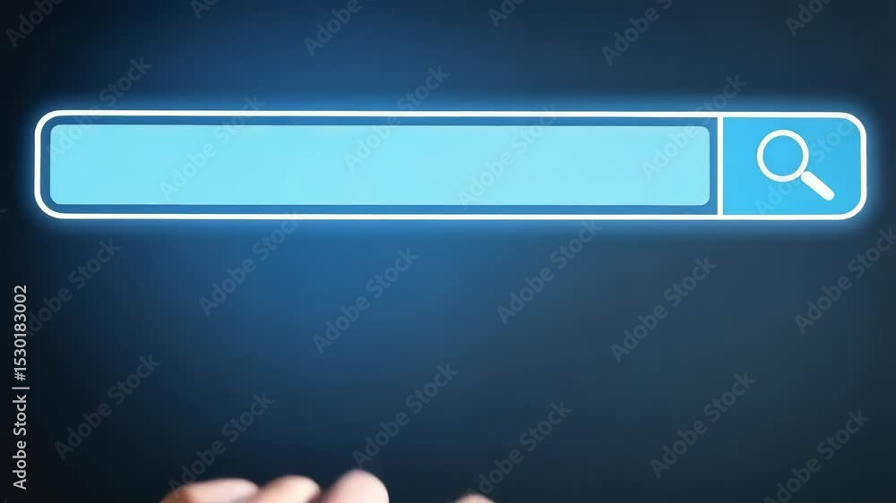 Poster hand touches glowing search bar element on blue background, digital interface with search icon for s