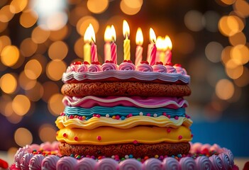 Vibrant multi-layered cake, lit candles, sparkling bokeh, birthday cake,  frosting
