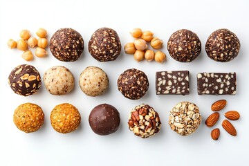 Delicious assortment of healthy energy balls and bars on a white surface top view