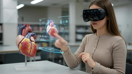 Woman wearing VR headset interacts with virtual heart model and data using augmented reality futuristic screen. - Powered by Adobe