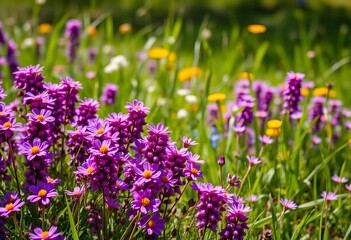 Naklejka premium Vibrant purple wildflowers carpet a sun-drenched spring meadow, landscape photography, season