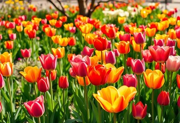 Fototapeta premium Vibrant tulips in a sunlit garden Blooming spring flowers create a colorful floral backdrop, blooming, colorful background