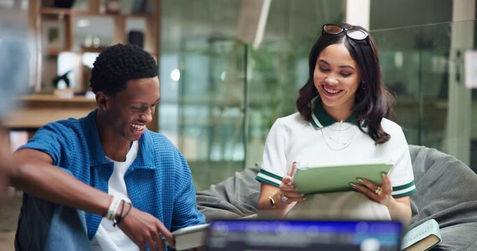 Business people, web designer or high five with tablet for project success or teamwork at office. Creative, group or employees with smile on technology for good job or well done together at workplace