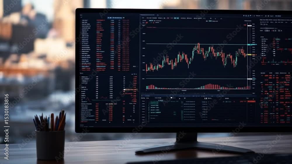 Poster financial data visualization: stock market analysis on computer screen display