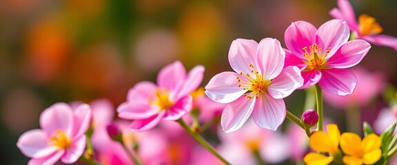 Watercolor spring blossoms, vibrant hues, close-up foreground, soft background blur, bloom, petals