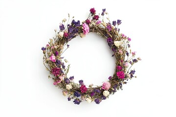 Elegant floral wreath crafted from dried flowers, displayed on white background