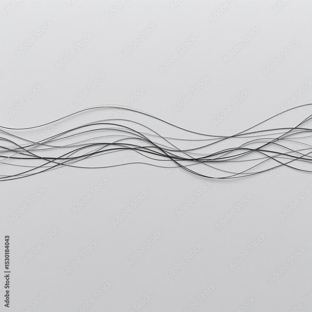 Poster thin black wires or threads arranged in flowing, wavy lines against a plain white background, creati