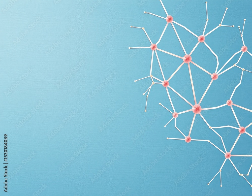 Poster abstract molecular network model with pink nodes connected by white lines on a blue background, repr