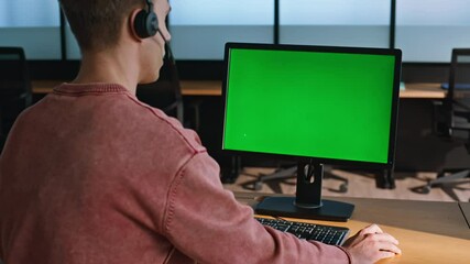 Call center mockup computer at workplace closeup. Man service operator talking - Powered by Adobe