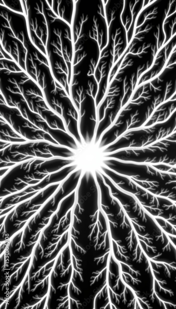 Poster a bright white center radiates intricate, branching patterns resembling lightning or neural networks