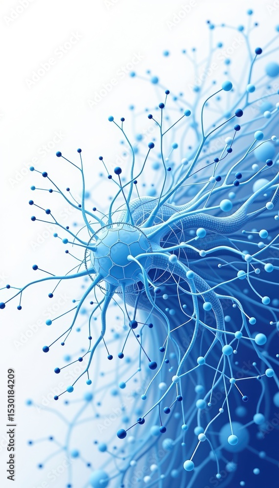 Poster a detailed 3d illustration of blue interconnected neural-like structures resembling a network or bra