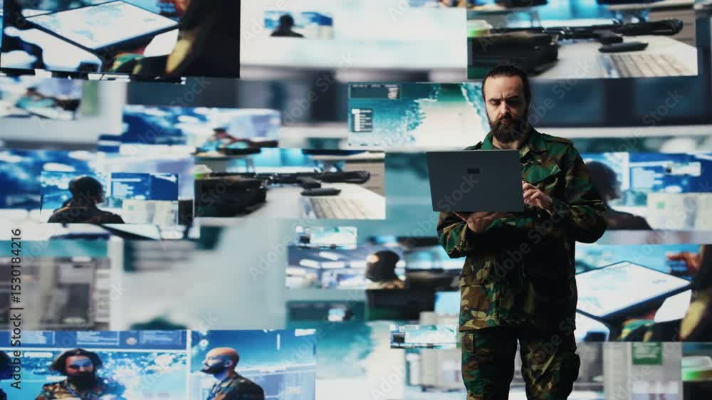 Poster officer monitoring real time combat data using advanced military systems, cyber tactics and digital 