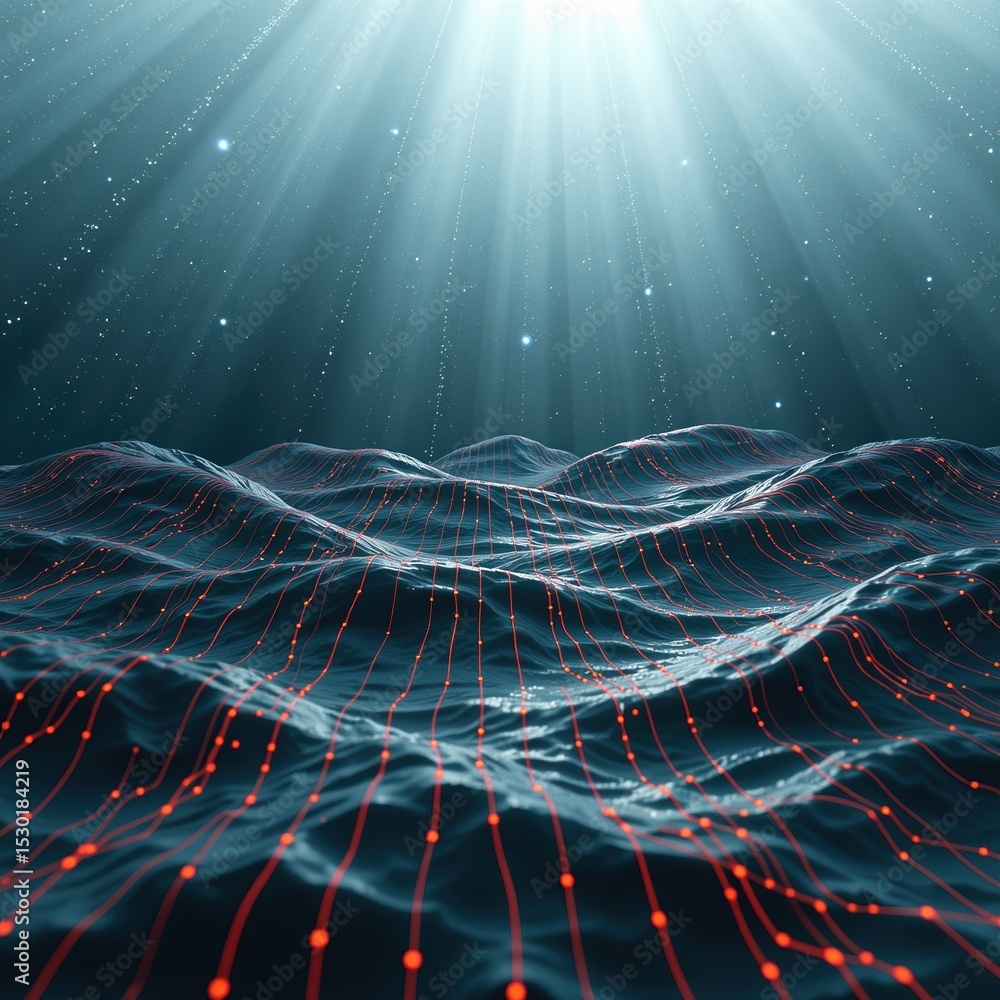 Poster digital ocean waves with glowing red grid lines under bright beams of light, blending technology and