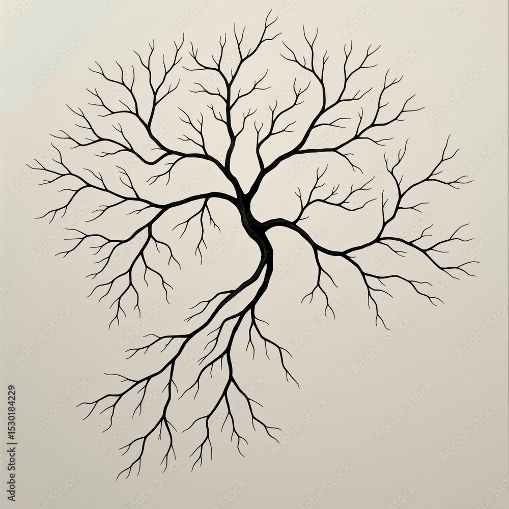 Poster a minimalist black branching pattern resembling a tree or neural network on a light background.