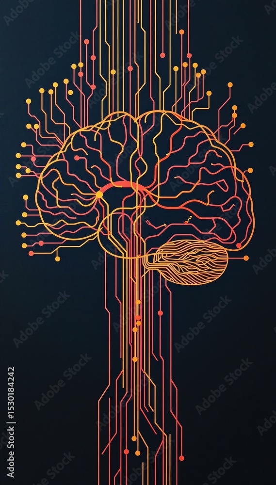 Poster abstract digital illustration of a human brain connected to circuitry, symbolizing technology, neura