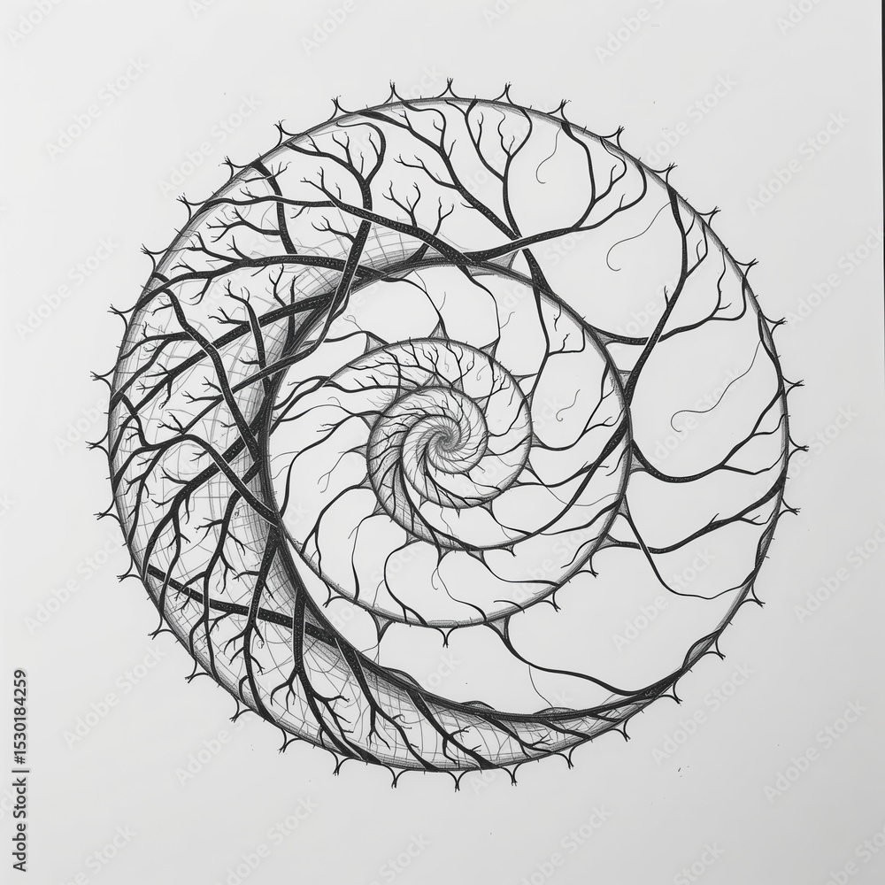 Poster a complex black and white spiral design resembling tree branches in a continuous, intricate fractal 