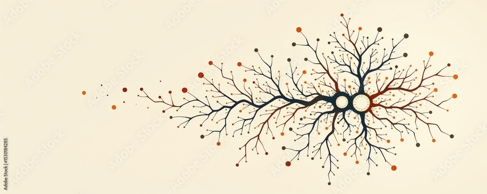 Poster abstract tree-like network design with black branches and red, orange, and black circular nodes on a