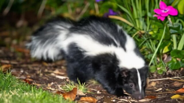 A striped skunk foraging in a garden bed