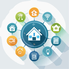Vector of smart home icons including thermostat, lighting, lock, and energy, laid out cleanly.