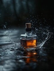 A Vivid Bottle of Whiskey Splashing into Water Captured in Hyper-Realism Style for Stunning Visual Impact