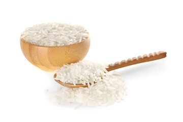 Wooden bowl and spoon with raw rice on white background