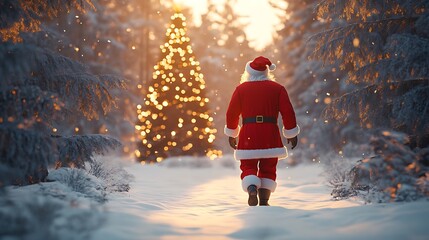 Santa Claus costume walking through a snowy forest, with a decorated Christmas tree illuminated in the background.