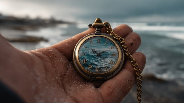 Pocket watch in hand by ocean - Powered by Adobe