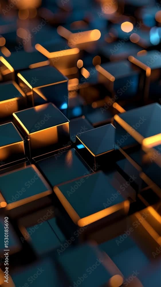 Poster abstract geometric cubes backdrop with golden trim and soft blurred light for modern design and tech
