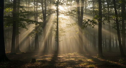 Fototapeta premium Sunlight Streaming Through Green Forest with Mist and Shadows