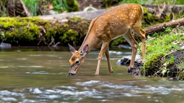 A young deer drinks from a babbling brook