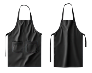 Two Black Aprons Isolated On A Transparent Background One Apron Is Hanging With Ties And The Other Has Two Pockets