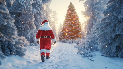 Santa Claus costume walking through a snow-covered forest, with a large Christmas tree in the background.