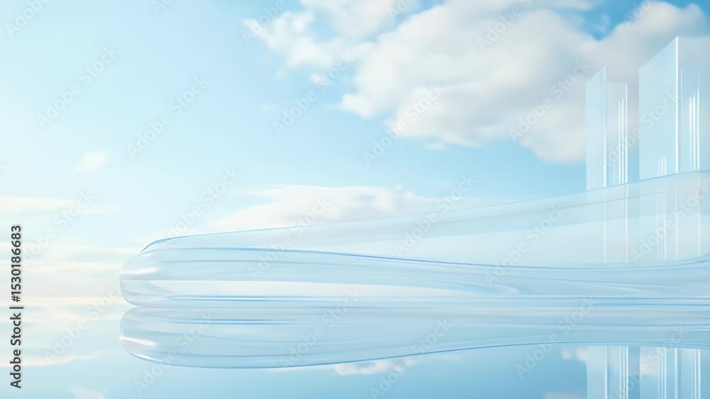 Poster abstract modern architecture with blue sky and cloud reflection in water surface smooth curved desig